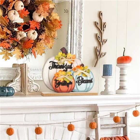 3 Pcs Fall Pumpkin Decor Wooden Table Sign Thankful Blessed Grateful Tabletop - Picture 5 of 8